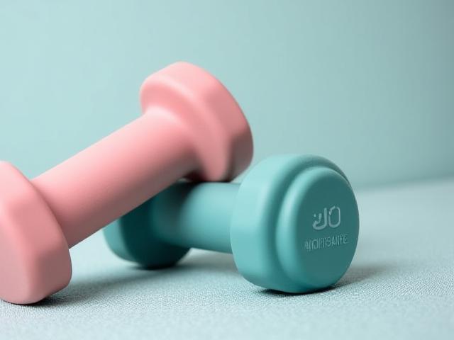 Pink and teal neoprene dumbbells on a modern rug